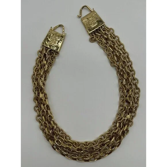 Vintage Karl Lagerfeld Gold Tone Multi Strand Chain Purse Shaped Clasp Necklace